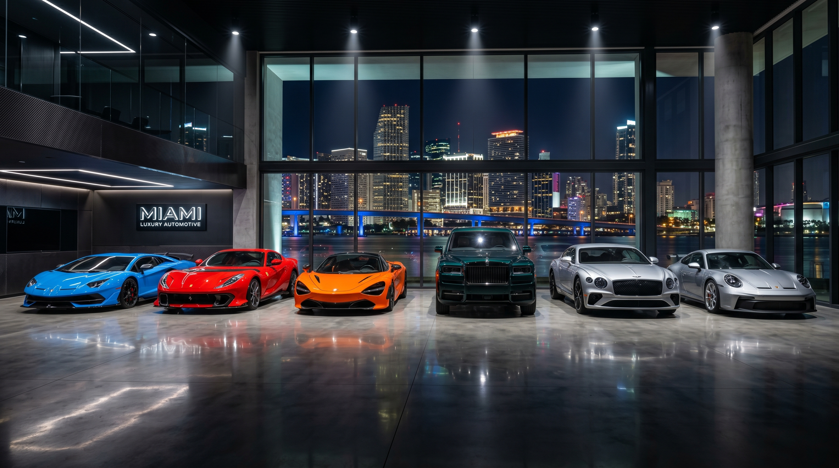 Six exotic supercars lined up side by side in a Miami garage — Lamborghini, Ferrari, McLaren, Rolls-Royce, Bentley, Porsche — with dramatic lighting and city skyline backdrop