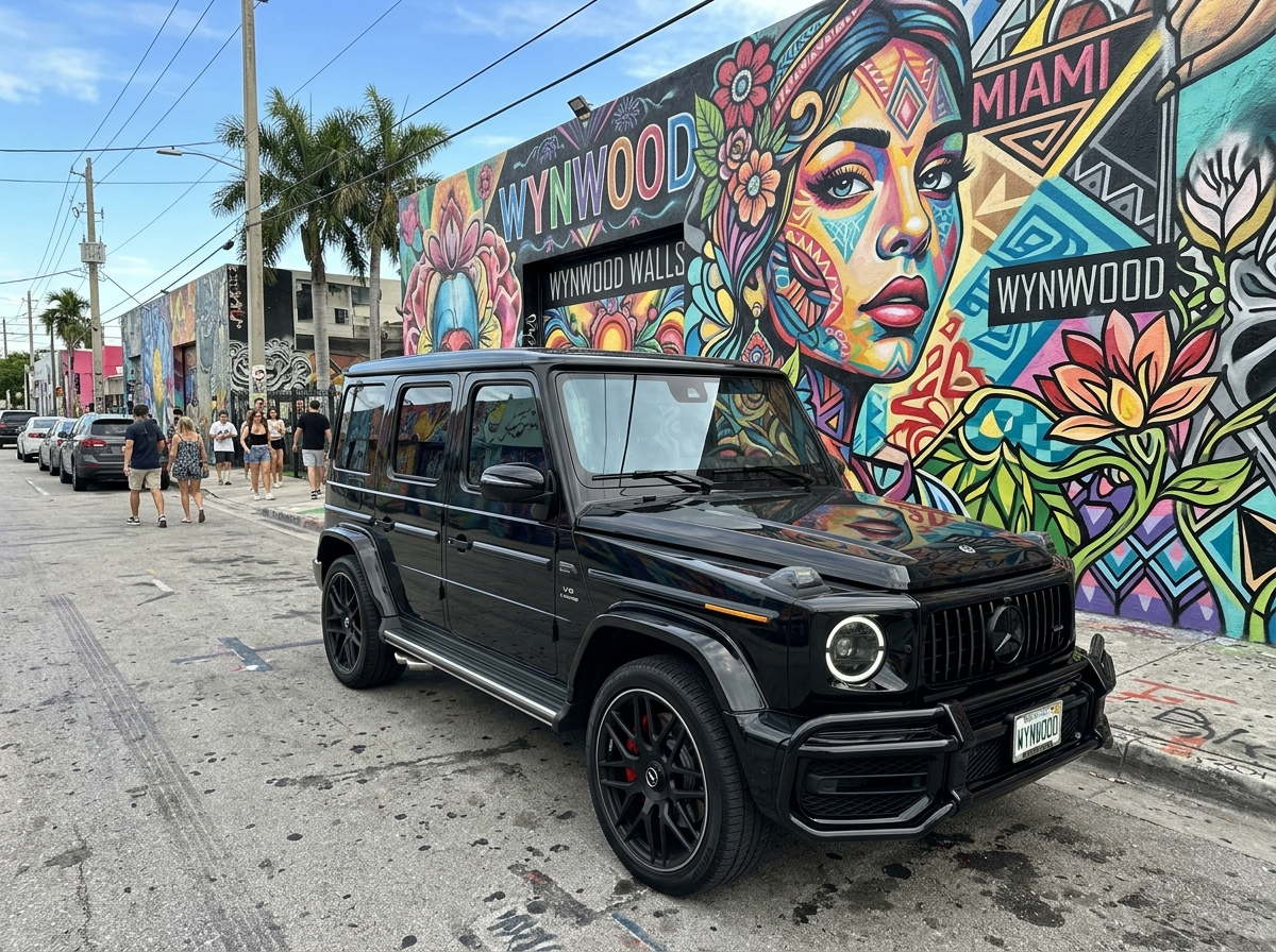 2024 Mercedes-Benz G63 AMG black luxury SUV in Wynwood Miami street art district