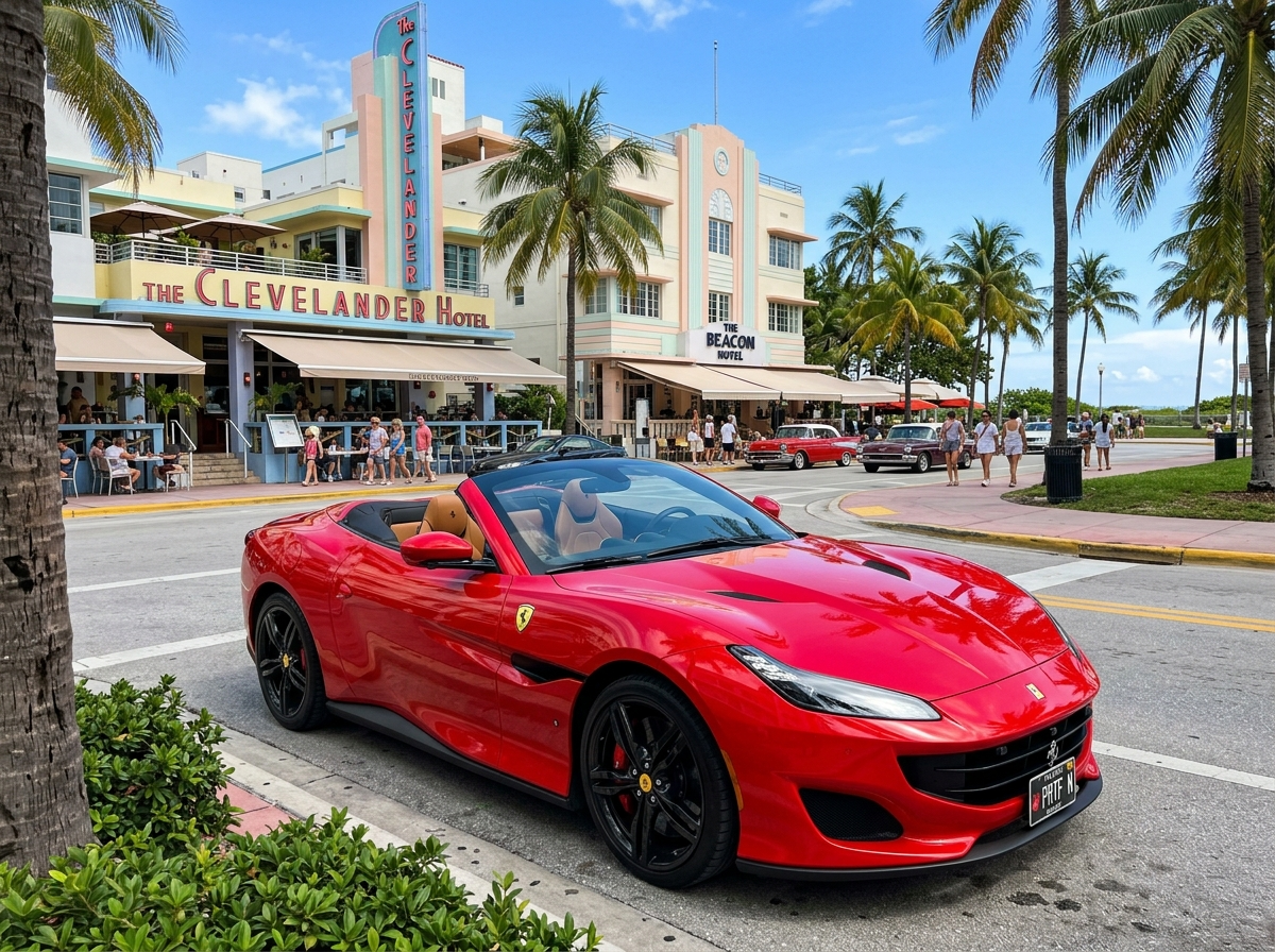 2023 Ferrari Portofino M red convertible parked on Ocean Drive South Beach Miami