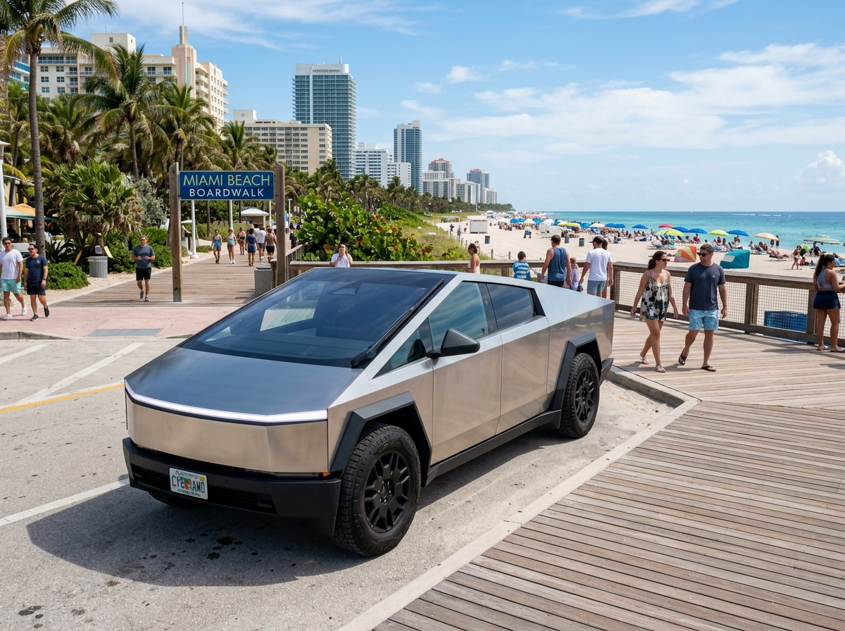 2024 Tesla Cybertruck AWD silver electric truck parked at Miami Beach Boardwalk